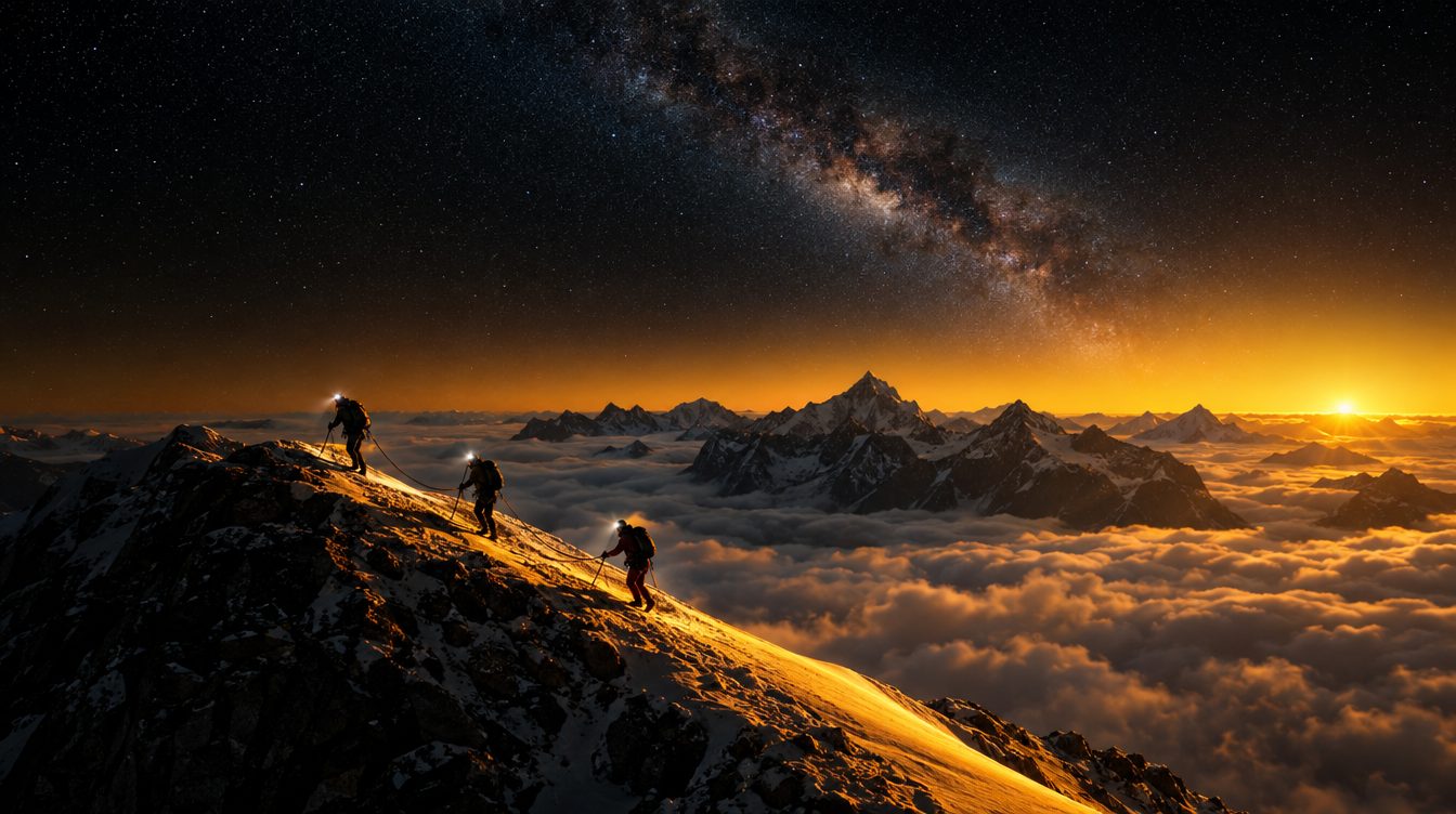 Tre persone in cordata salgono una cresta dorata di notte