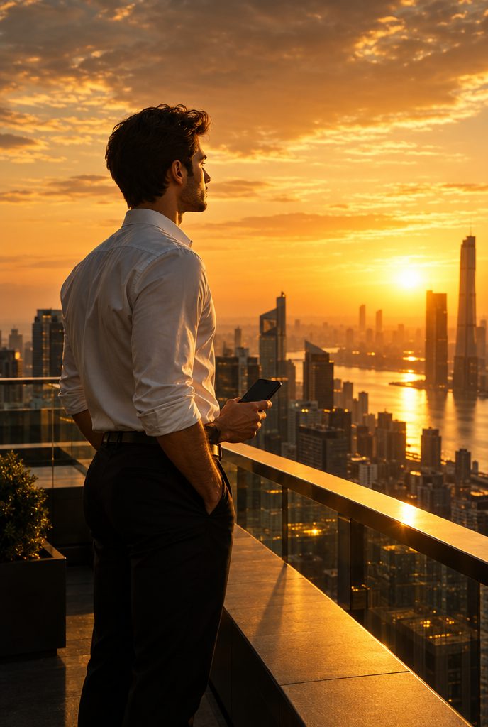Un professionista su un terrazzo all'alba guarda l'orizzonte della città