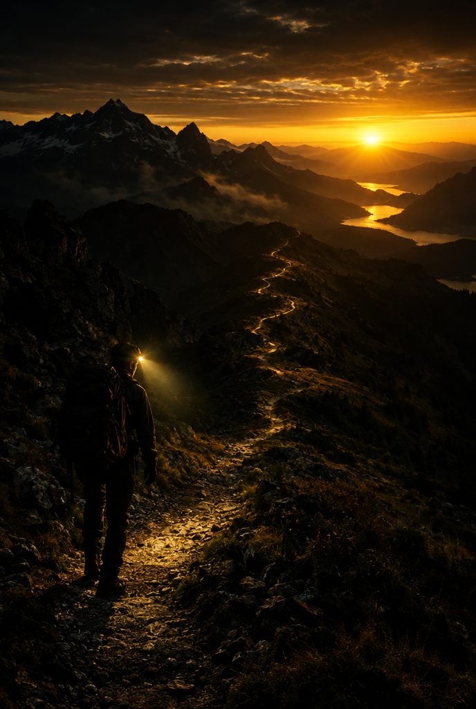 Un escursionista solo con la frontale su un sentiero di notte, l'alba in fondo