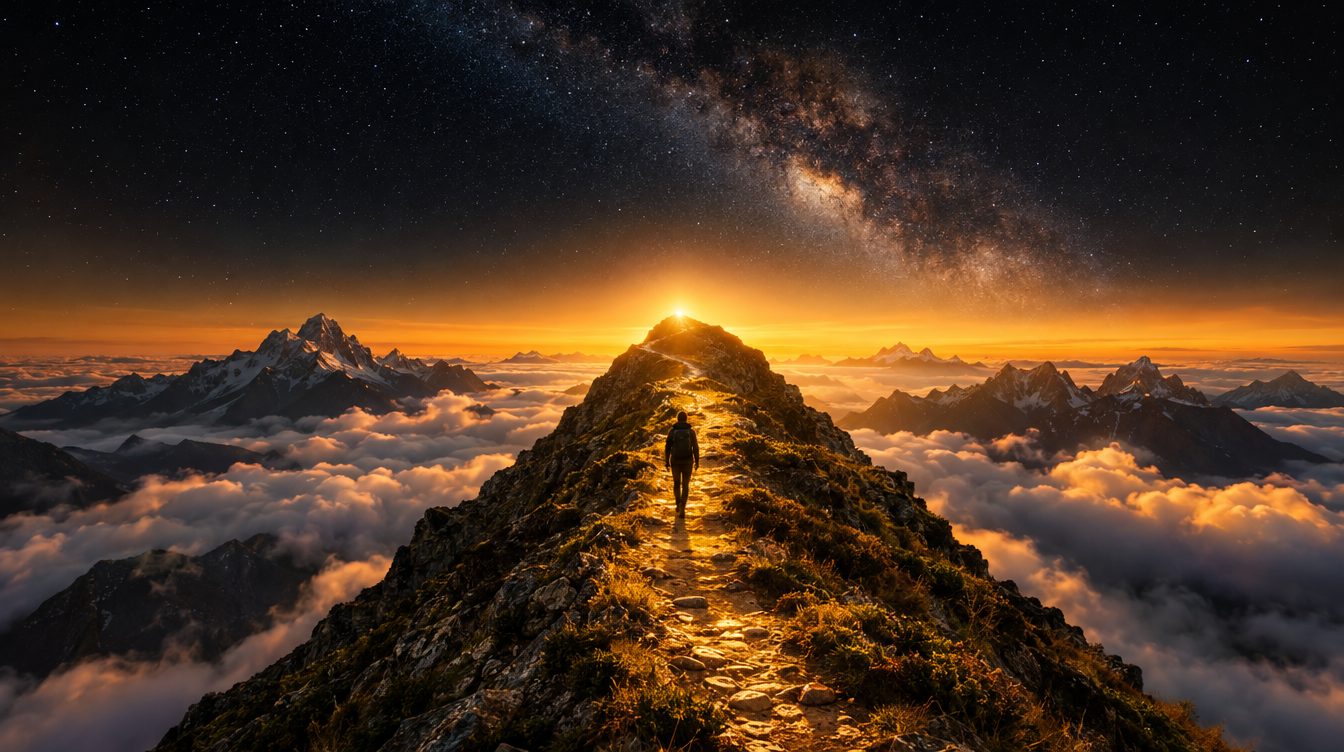 Un sentiero di cresta che sale verso la vetta all'alba