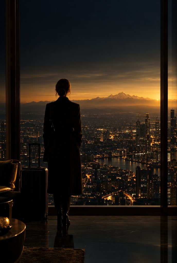 Una persona guarda la città prima dell'alba da una grande finestra